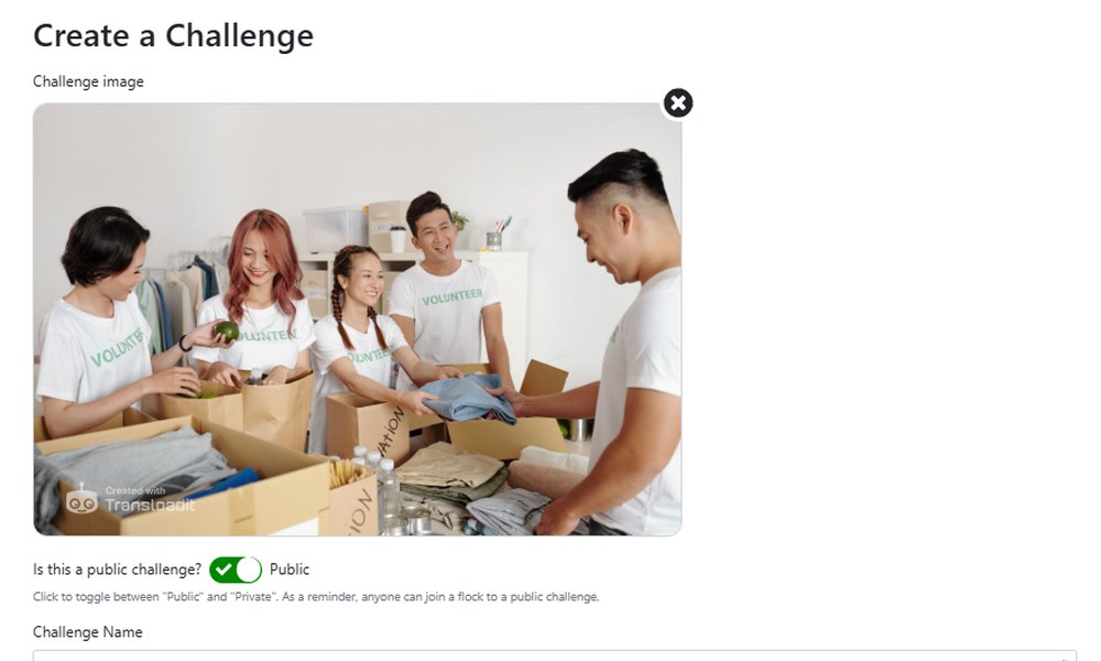 The FlockItToMe Create a Challenge screen, with a photo of volunteers packing clothing
