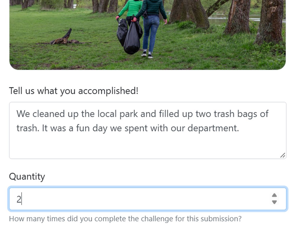The Submit Proof screen in the FlockItToMe app, with a park cleanup photo, a note about what was accomplished and a quantity of 2