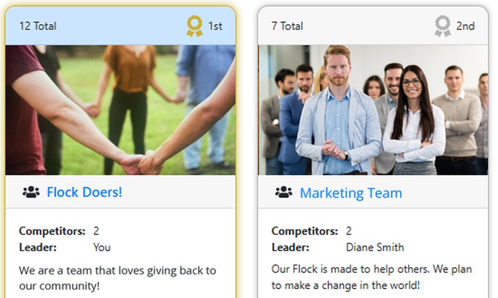 The app's competing flocks, with Flock Doers! in 1st place with 12 and the Marketing Team in 2nd with 7